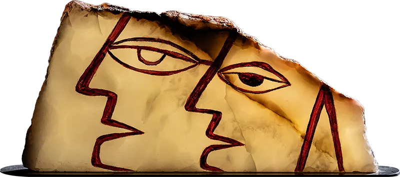 F&I, lit by an external source — the two faces breathe in the same warm glow