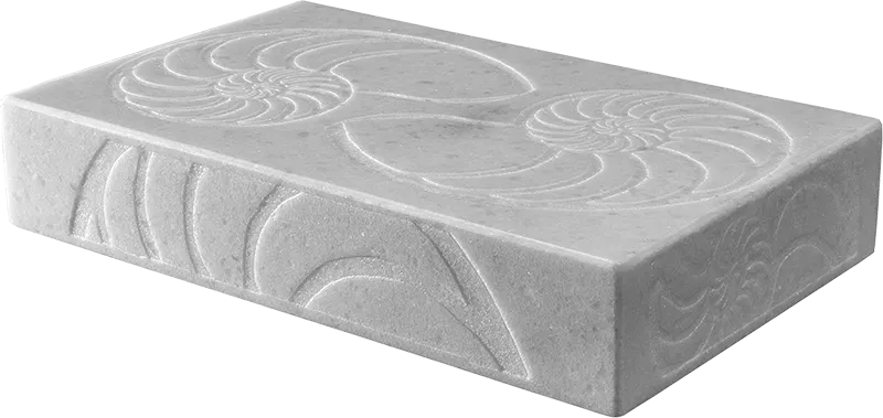 Nautilus, natural state — Fibonacci spirals engraved on five sides of crystalline marble