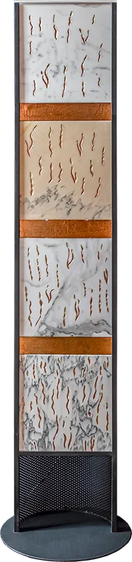 Fuoco, natural state — Calacatta, Rosa Portogallo and chased copper totem